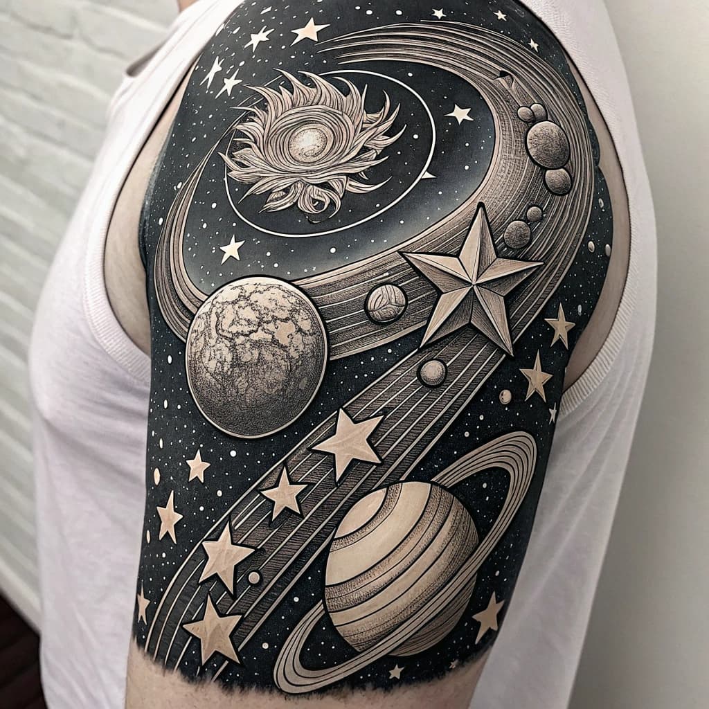 Line art of a celestial scene with stars and planets.