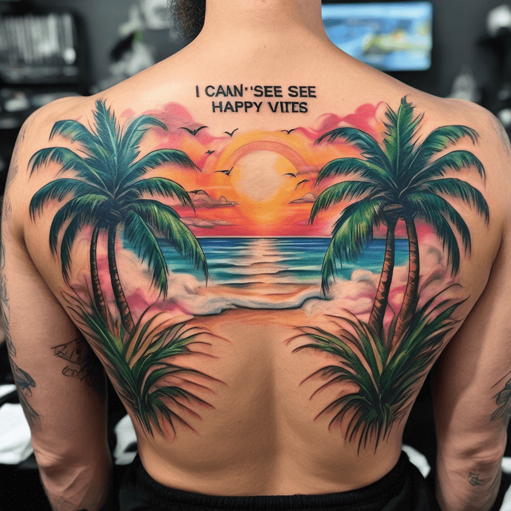 a unique and colorful tattoo taking up the entire back in text that says I CAN SEE THE FUTURE AND WE ARE HAPPY with tropical vibes like palm trees but the text takes up the entire back top to bottom