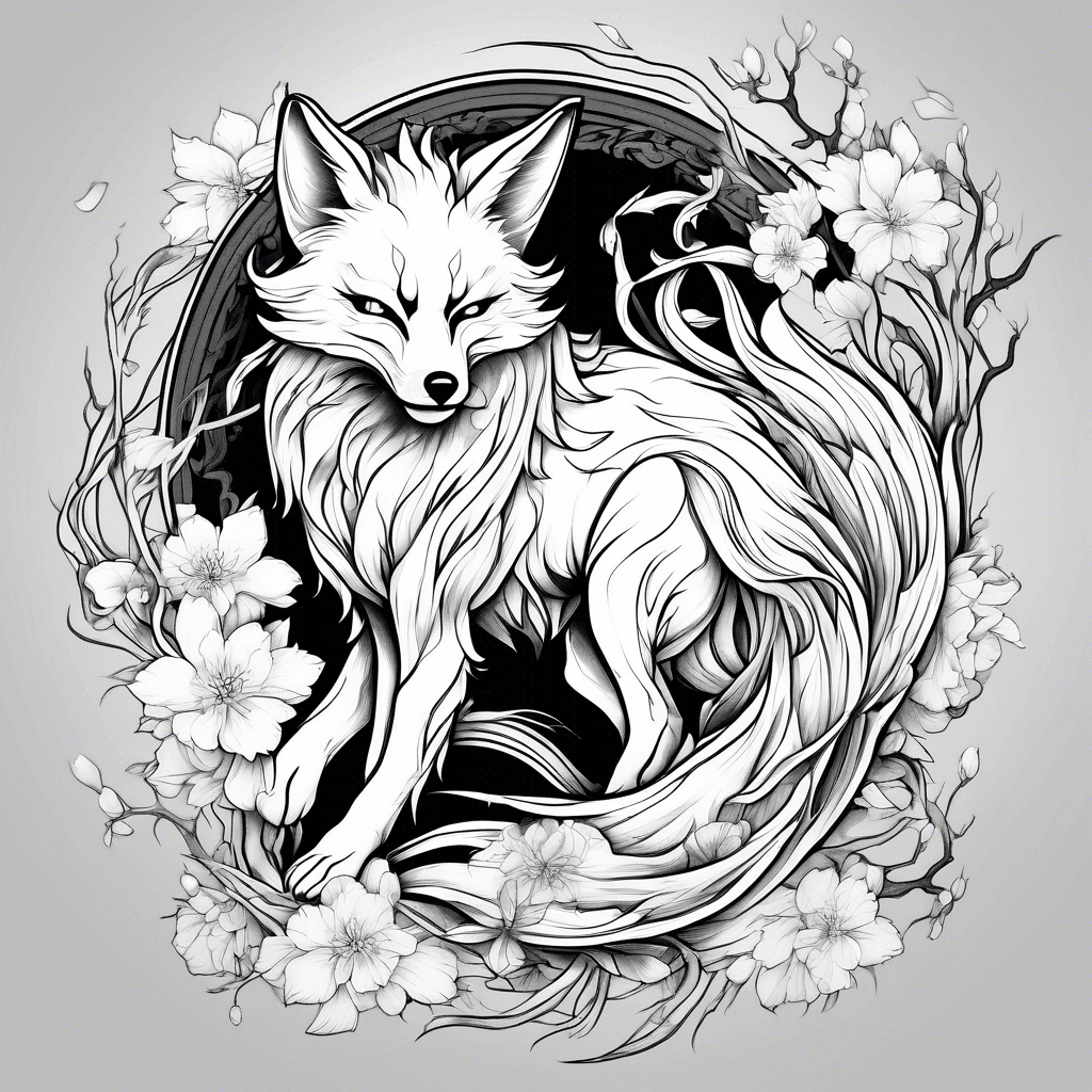 Nine tailed fox with sakura tattoo