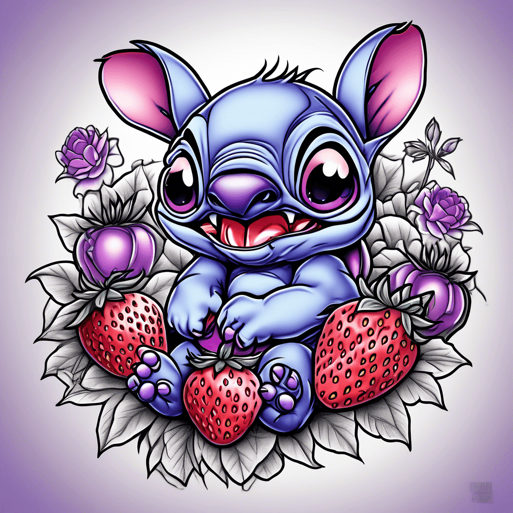 Stitch eatting a strawberry with purple peonys around him