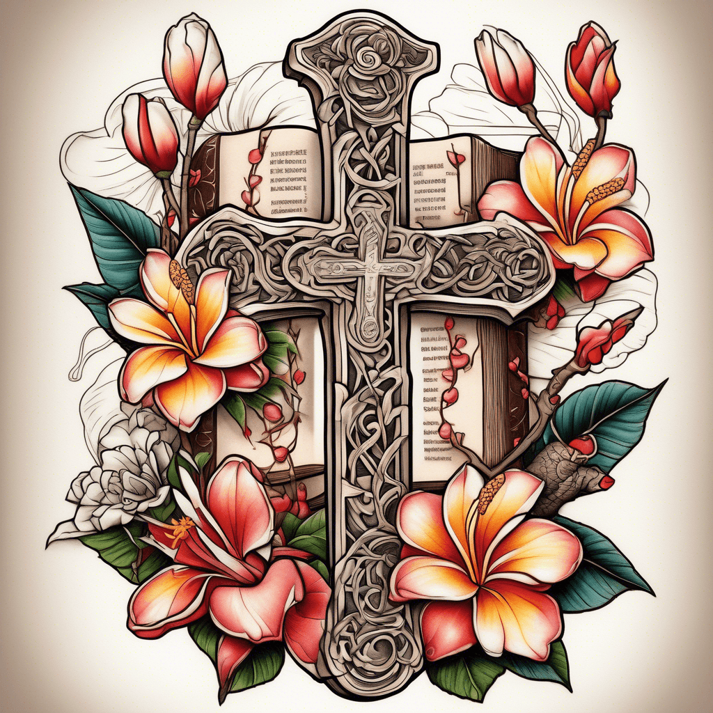simple frangipani surrounding a cross underneath an open bible and roses