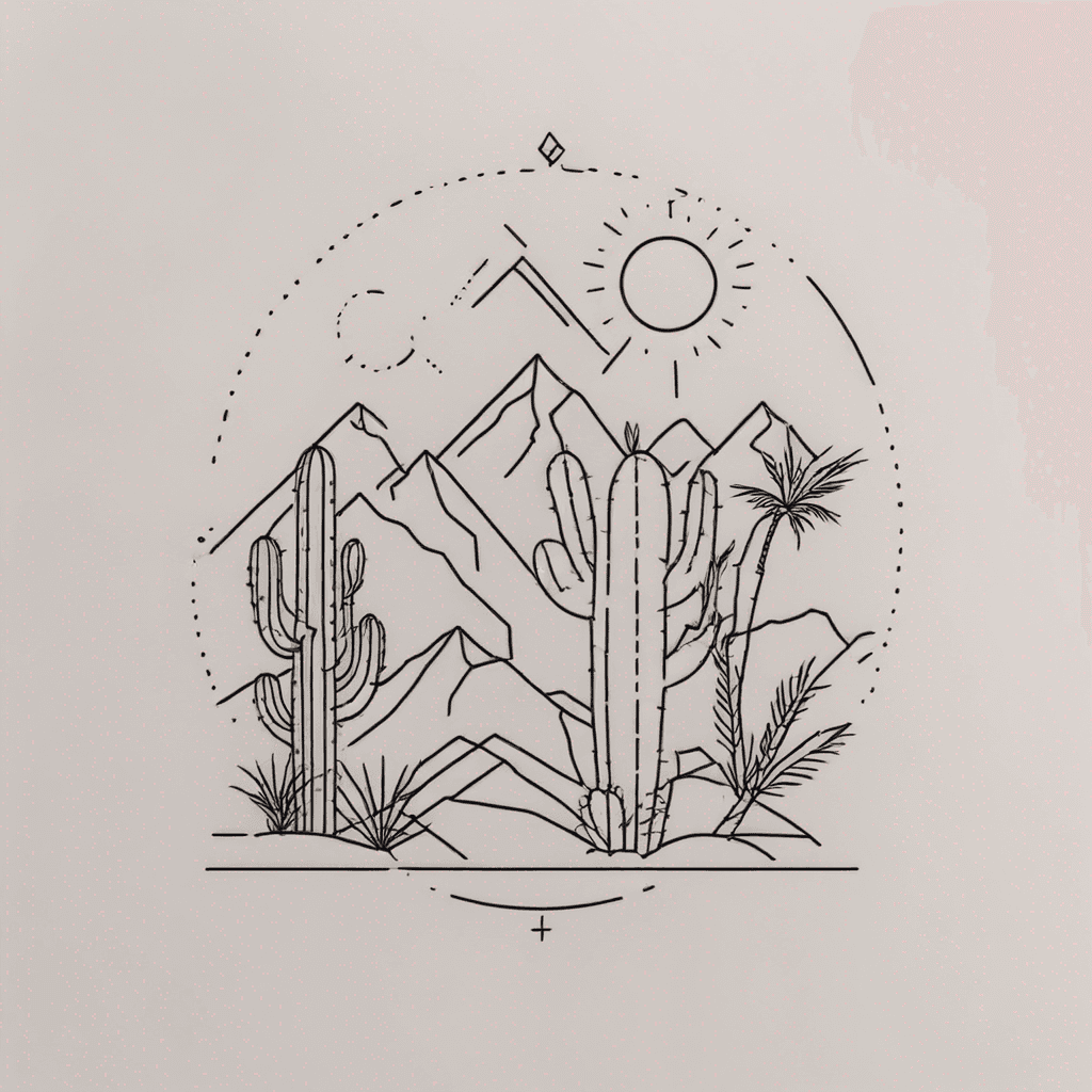 Adventure travel mountain, cactus, palm tree straight line