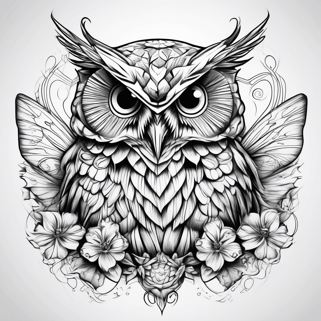 a tattoo drawing of an owl and a butterfly