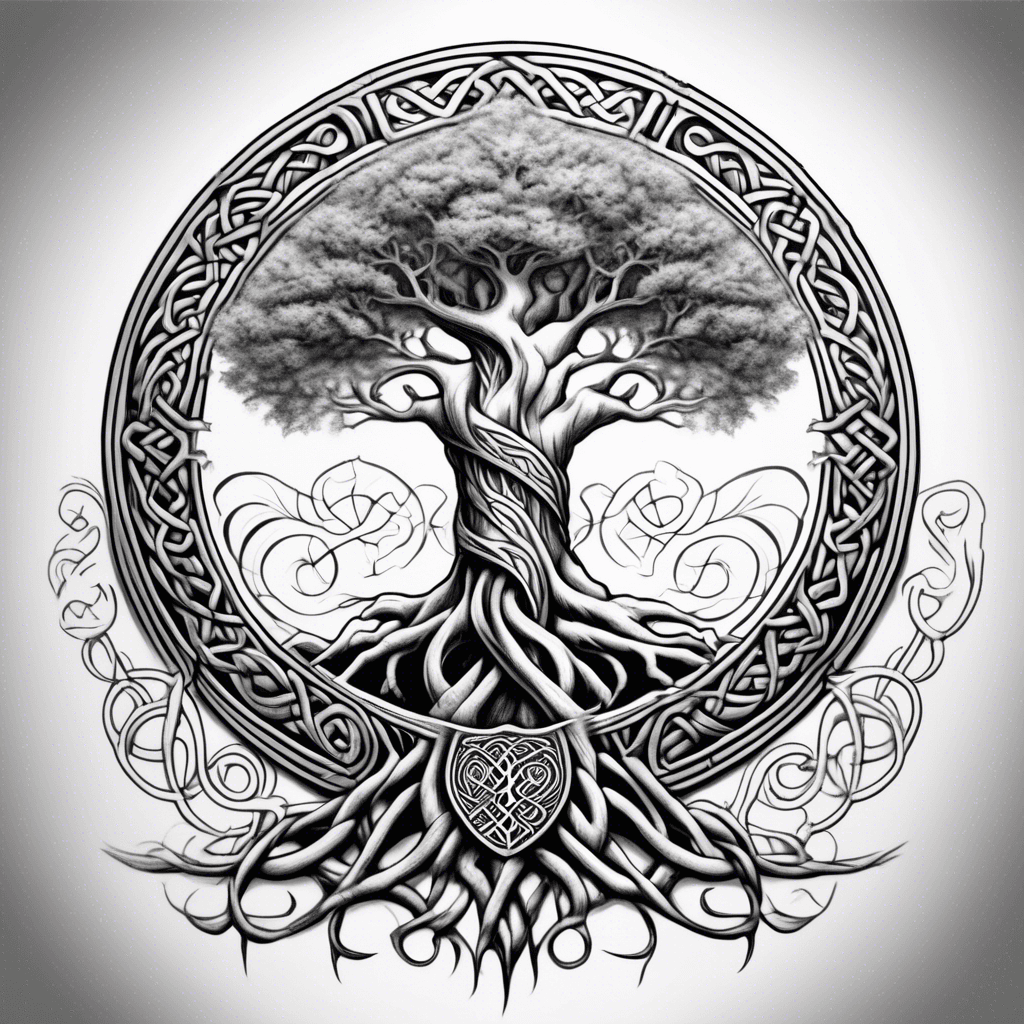 tree of life with a celtic shield knot as roots. it must contain 3 names