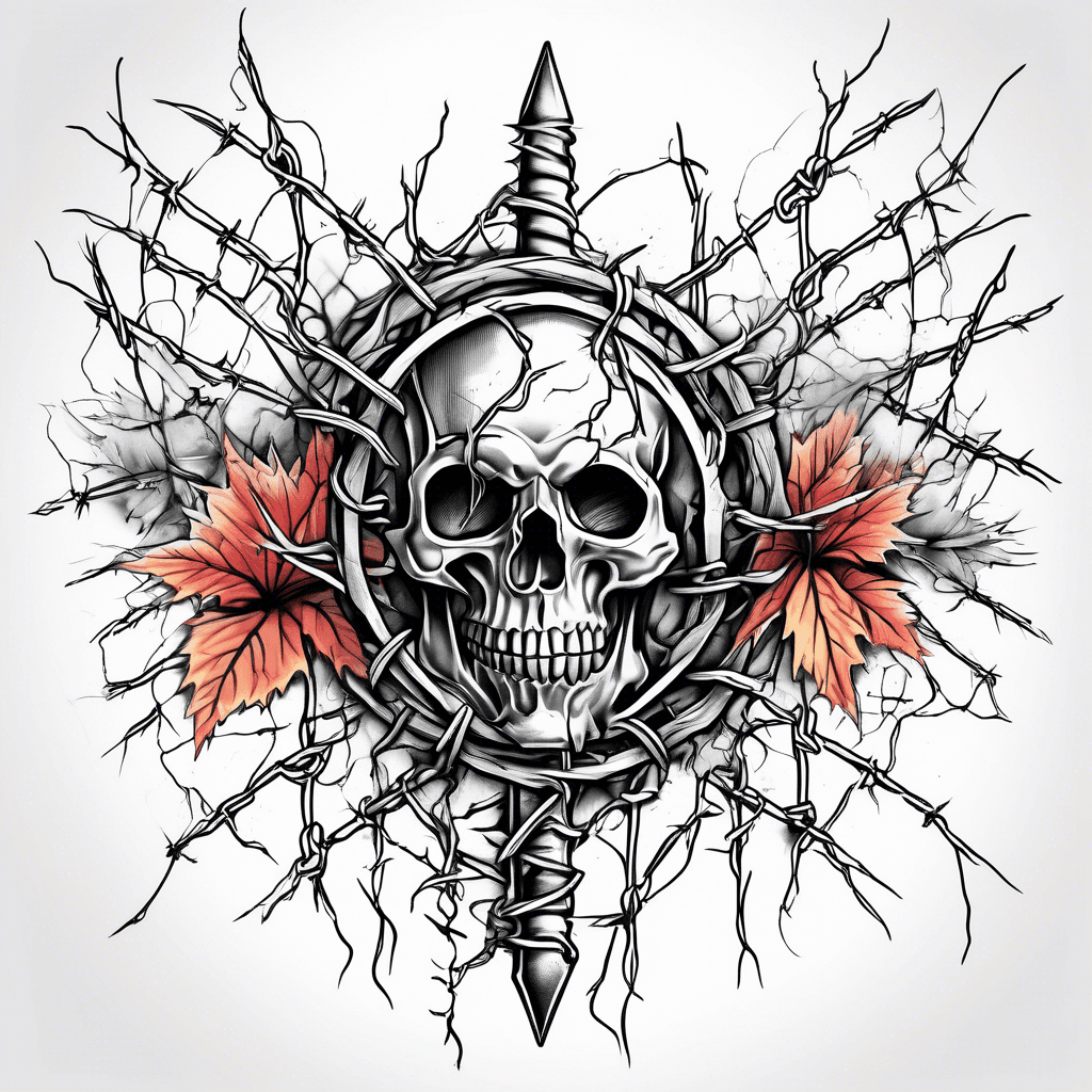 Intricate barb-wire tattoo design with sharp edges, incorporating natural elements like thorns and leaves for a bold, edgy look.
