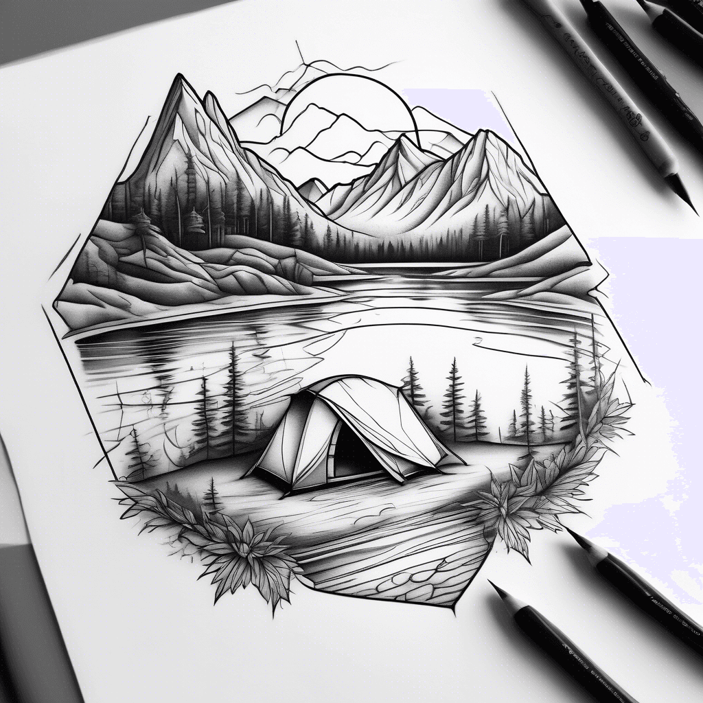 A small tent nearby a lake with mountains, forrest and sun