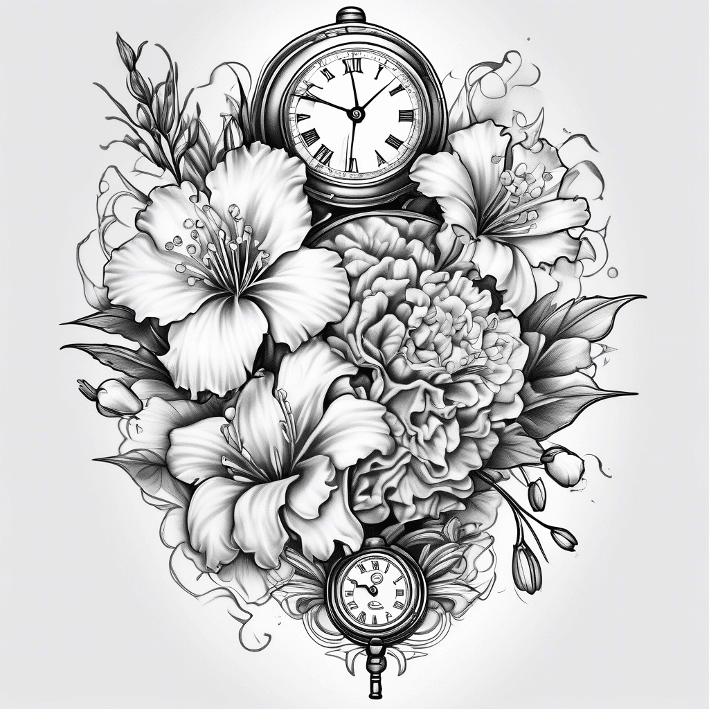 Forearm tattoo with carnations and lily of the valley all around a pocket watch