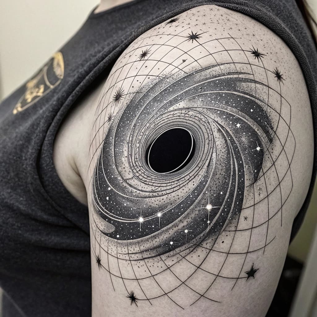 A black hole distorting spacetime, represented by a geometric grid with fine lines and dotwork. The grid lines should curve and warp around the black hole, illustrating the concept of gravity as the curvature of spacetime. Include swirling patterns and a sense of depth and movement in the design. The black hole should be a deep black void at the center.