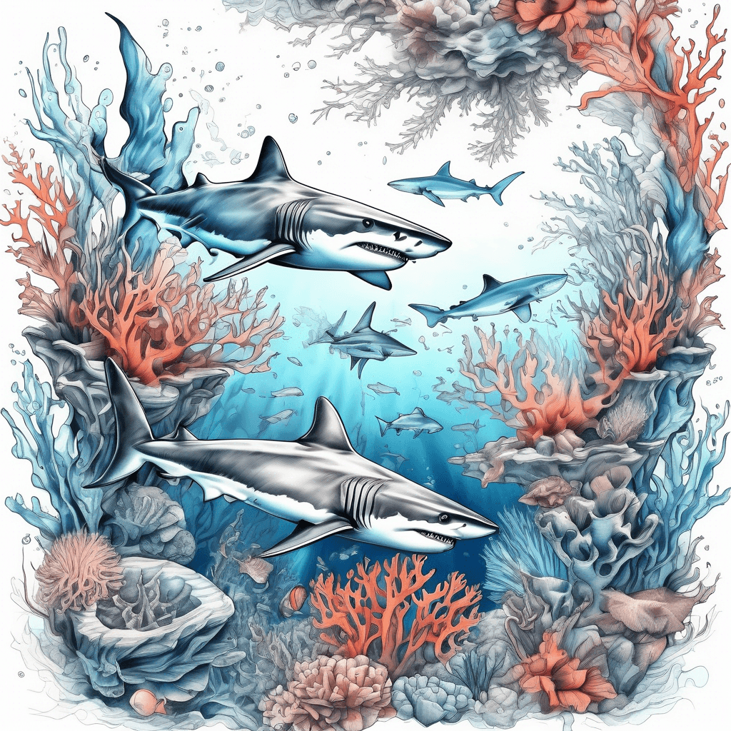 An immersive underwater scene with sharks, fish, and coral.