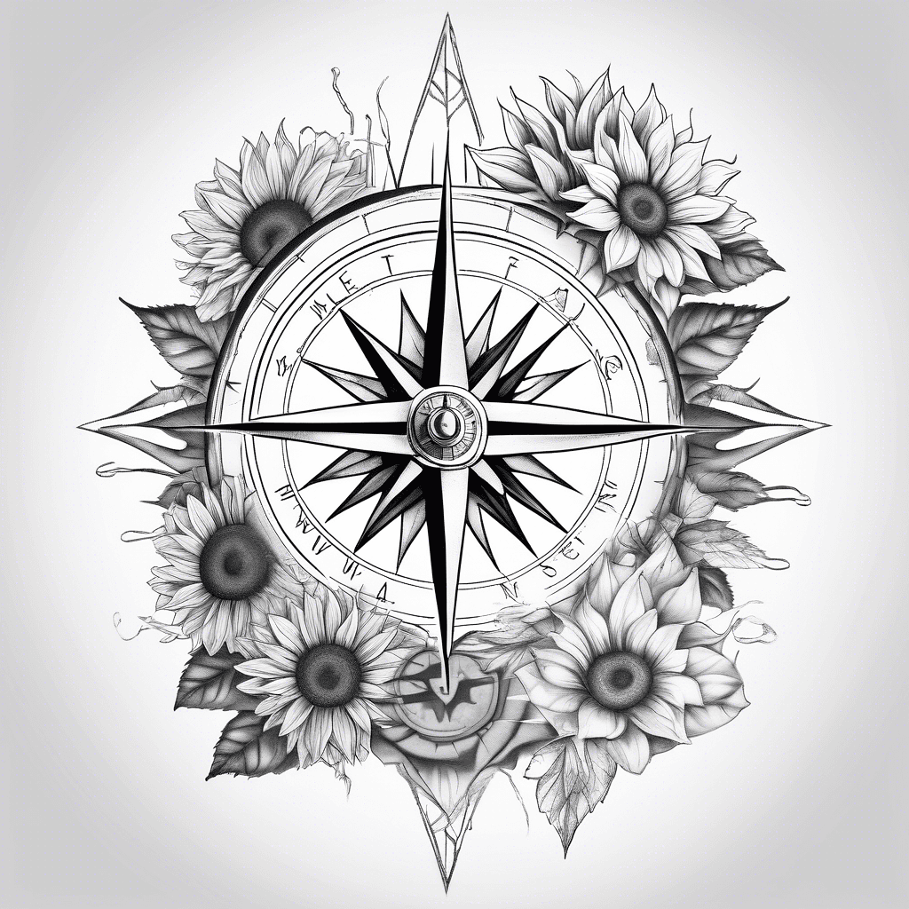 compass rose with lake and mountains and sunflowers