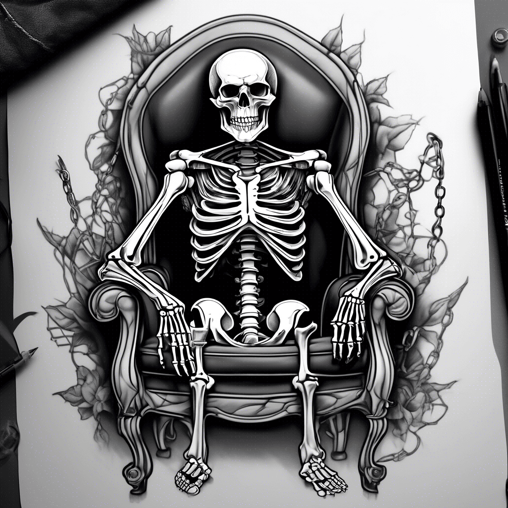 Skeleton sitting in a chair with multiple chain attached to him and the ground