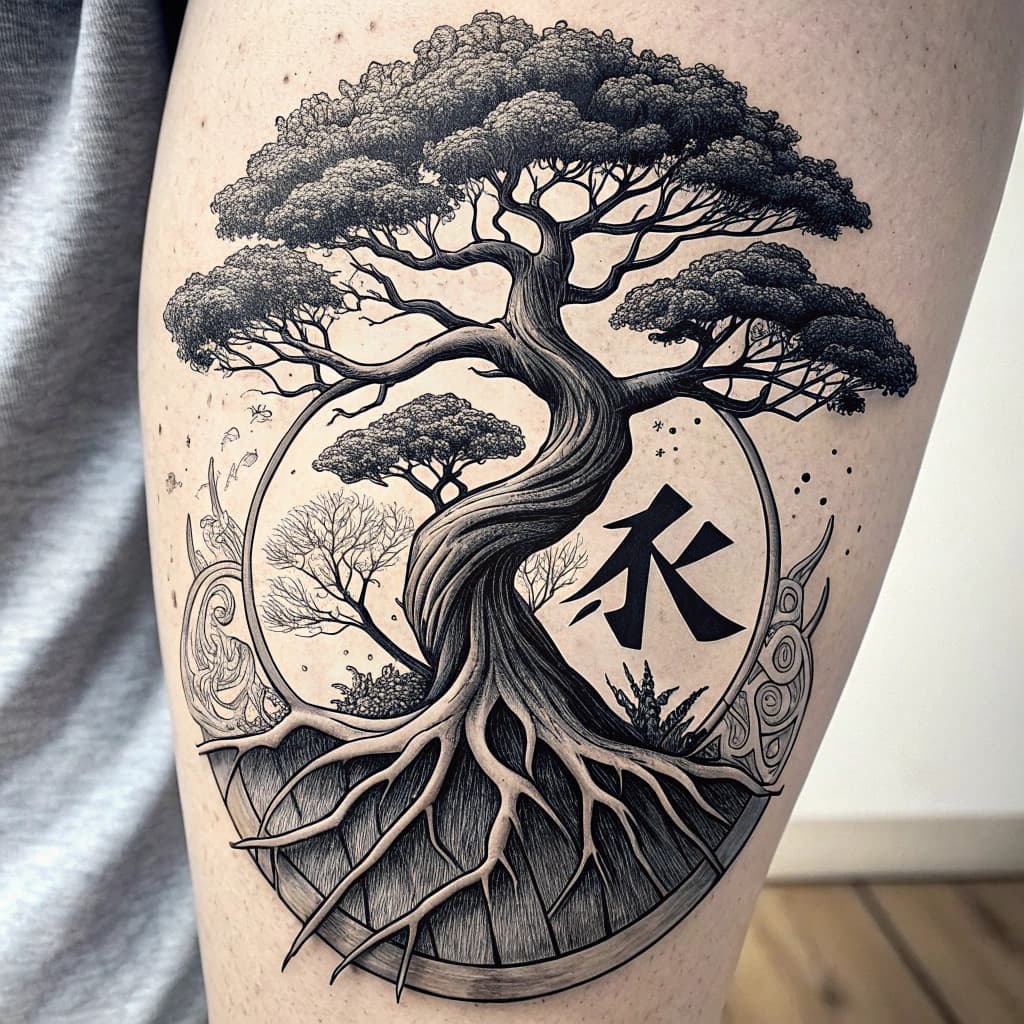 Symbolic representation of growth through a tree bonsai with roots and branches.