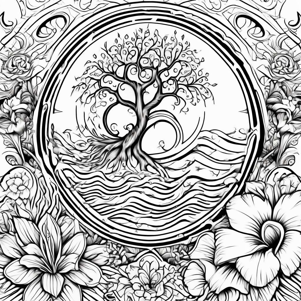 Hawaiian tribal, waves, tree with 6 flowers and 2 hearts