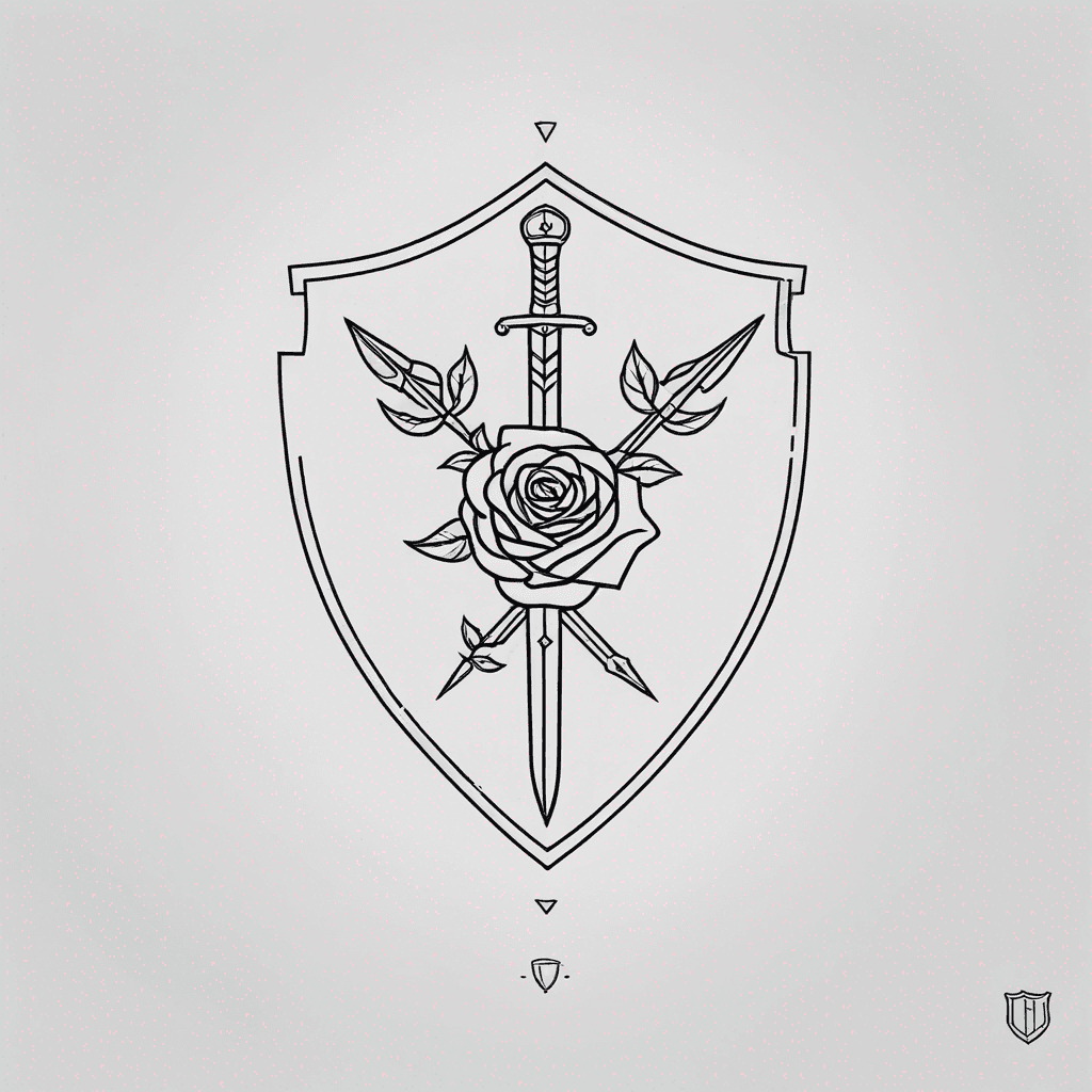 Roman gladiator shield, sword and rose