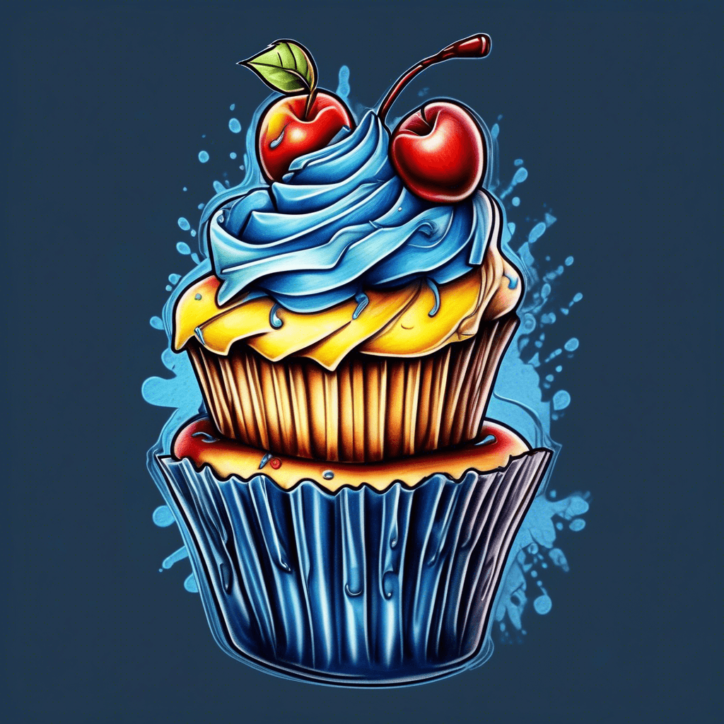 Cupcake with a yellow wrapper with a red bow tied on the front with dark blue and light blue frosting with a potion apple instead of a cherry