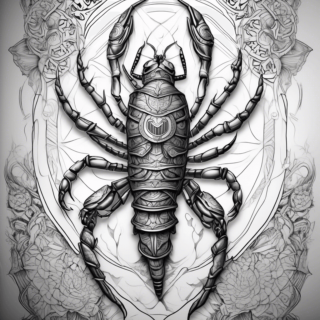 A tattoo wrapping around the full forearm, symbolizing protection, scorpion and strength. It features detailed mandala patterns and elements of ancient armor for an intricate and bold design.