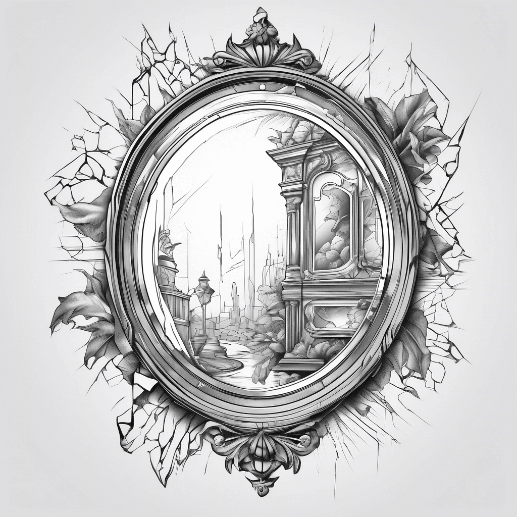 A broken mirror with pieces reflecting different scenes