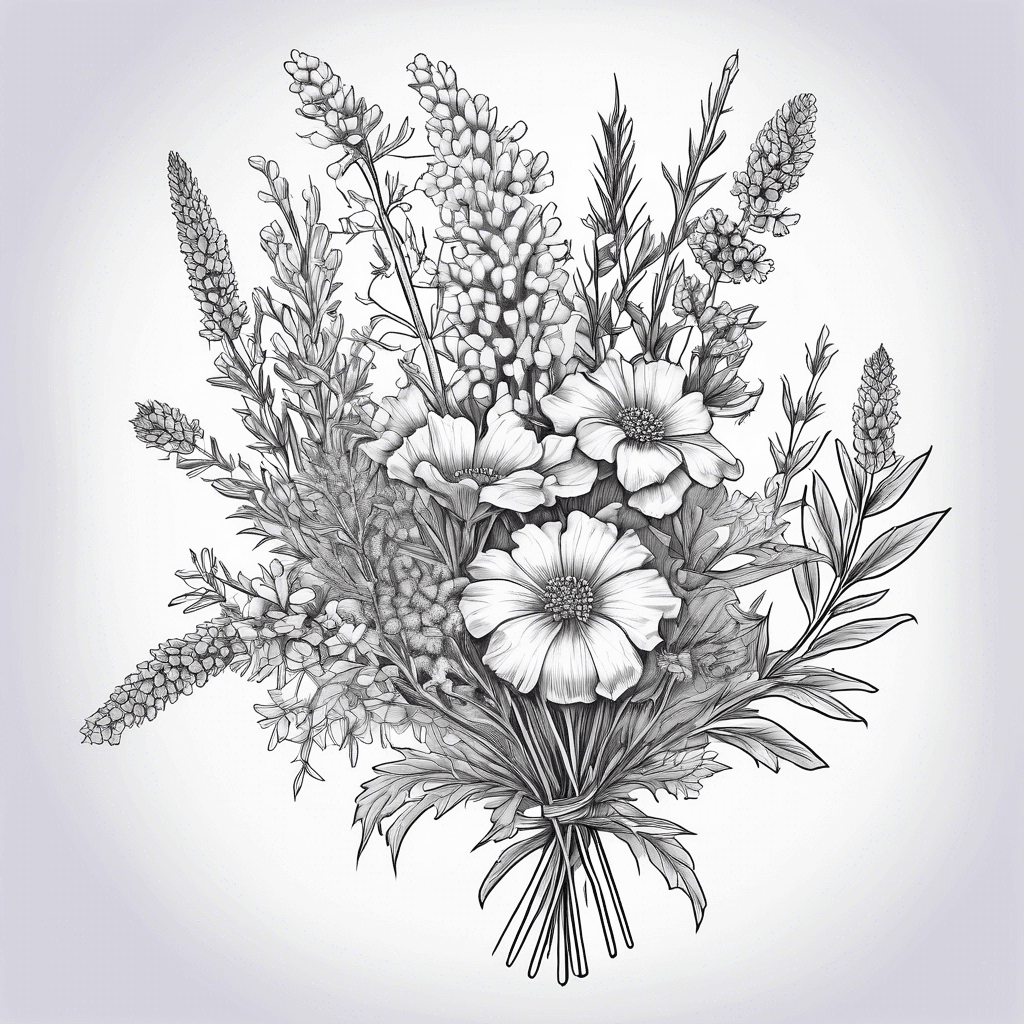 a bouquet of yarrow, belladonna, and lavender flowers, thorns in the blank spaces