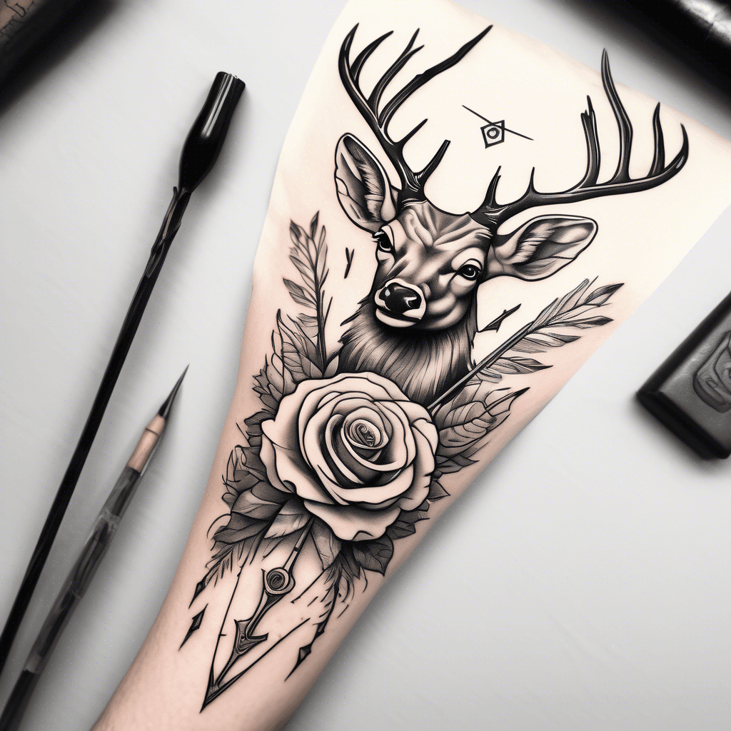 A long arrow on a man's forearm in the form of an Illuminati arrow that has two delicate deer antlers at the end instead of feathers and a spade symbol at the head instead of an arrow. Along the end of the arrow is a small, separate circle with a small rose in the center. Along the beginning of the arrow are two medium and large concentric circles with two small, intertwined roses in the center. A small bird is singing on two roses.