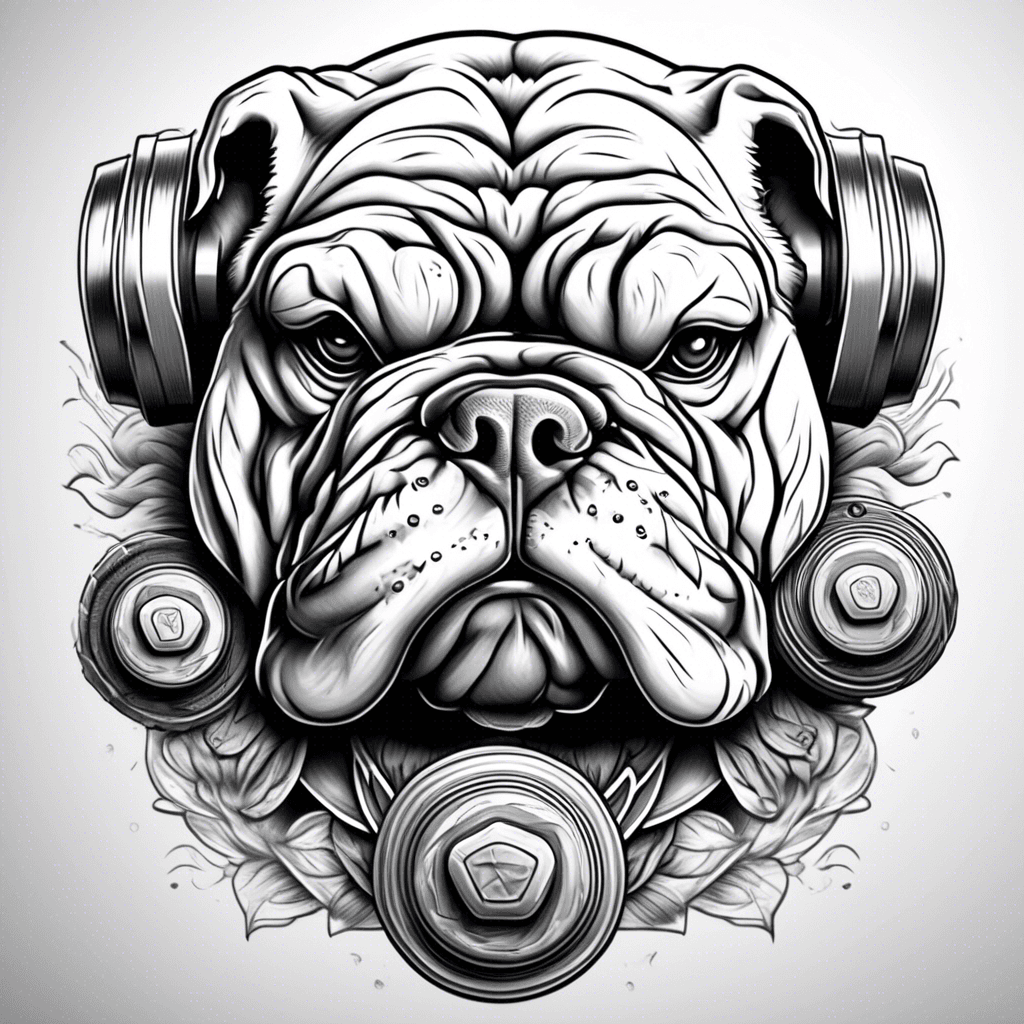 bulldog head with arm curling 100lb dumbbell