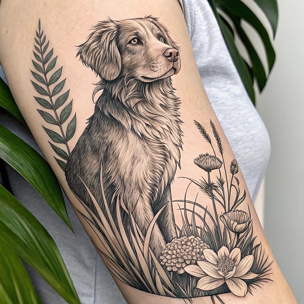 forarm tattoo highlighting the back of a nova scotian duck tolling retriever sitting, looking over left shoulder with golden eyes and golden nose, sitting with tail extended, wise and lovingly, surrounded by tall grass and lotus flowers