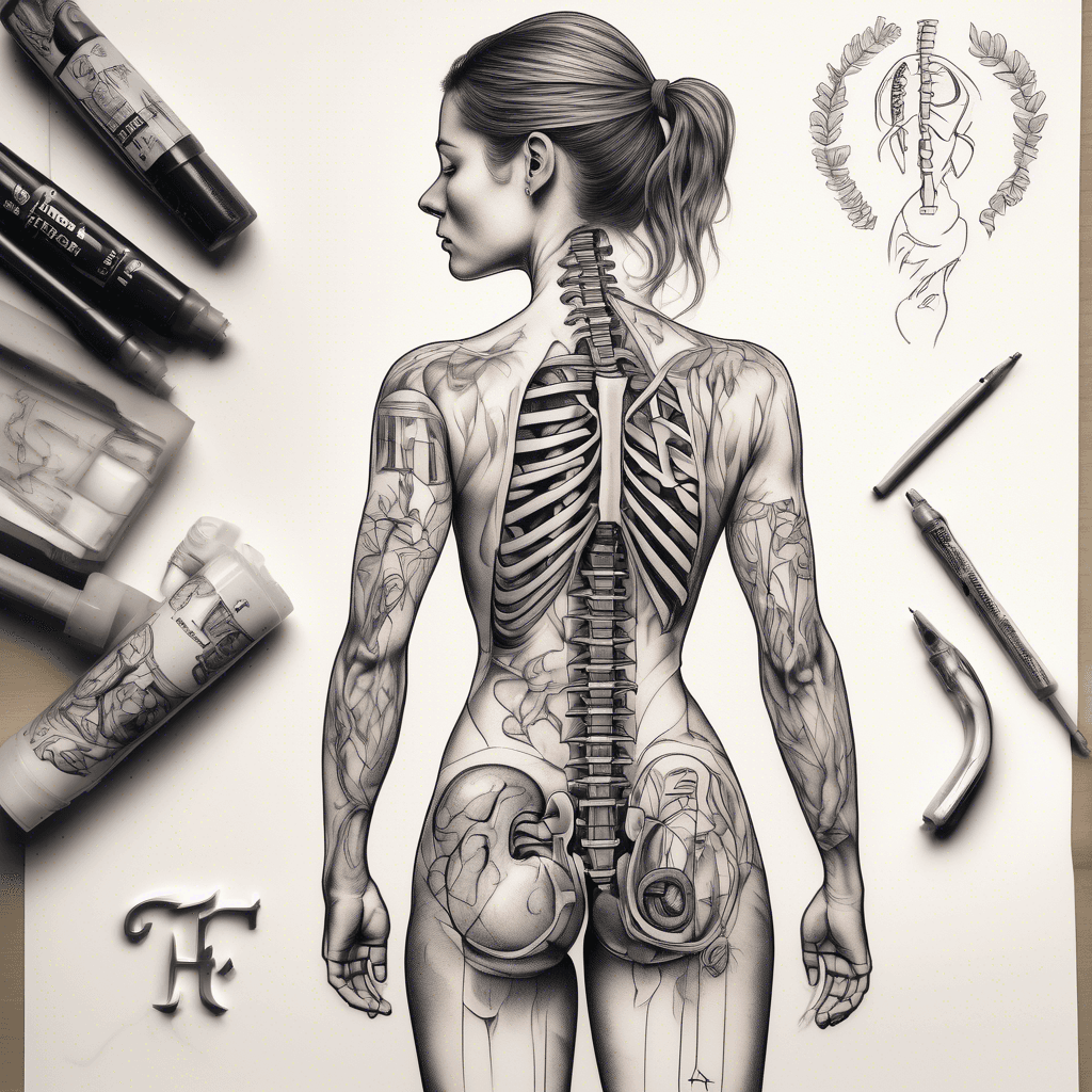 PHYSIOTHERAPY TATTOO, CONTAINING A BODY FROM THE BACK, HALF OF IT BEING SKELETON AND THE OTHER HALF MUSCLES, ALSO CONTAINING THE PHYSIOTHERAPY SYMBOL, A BODY IN SMOKY BLACK AS IF IT WAS RUNNING, WITH THE DRAWING OF THE LUNGS, THE ABC, THE LETTER F FOR PHYSIOTHERAPY, THE SYMBOL OF AUTISM, ALL THESE ITEMS WILL HAVE ARROWS GOING TOWARDS THE BODY