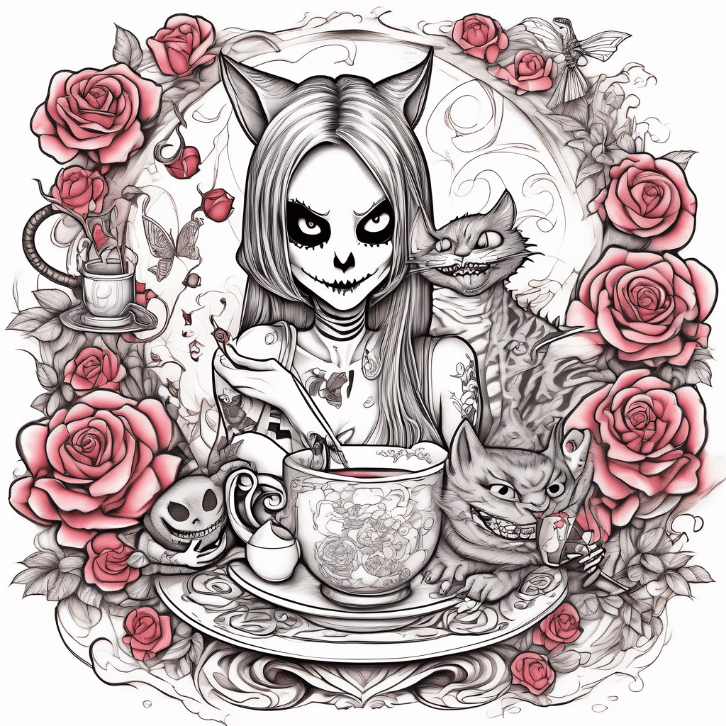 A whimsical scene where Alice and Jack Skellington share tea, surrounded by vibrant roses and a Cheshire cat grinning in the background.