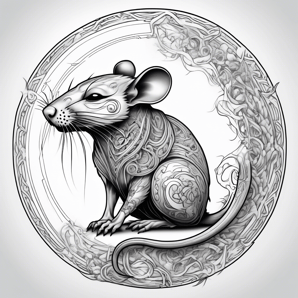 Full body portrait of a wise rat spirit, mythical and zodiac-inspired, with a long tail curving into a circular frame, intricate details.