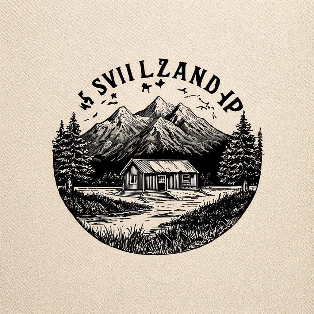 A small camp by a lake, a Switzerland flag waving, surrounded by mountains.