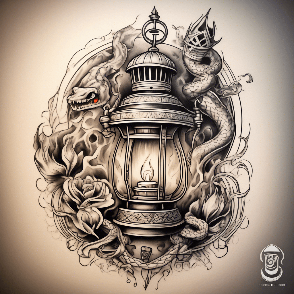 Lantern with a crown as the lantern top with human eye inside of the flame in the lantern,an old key hanging from the lantern, smoke around the lantern and the smoke finishing at the bottom in a form of snake head, and one gold coin, as a tattoo on a right shoulder
