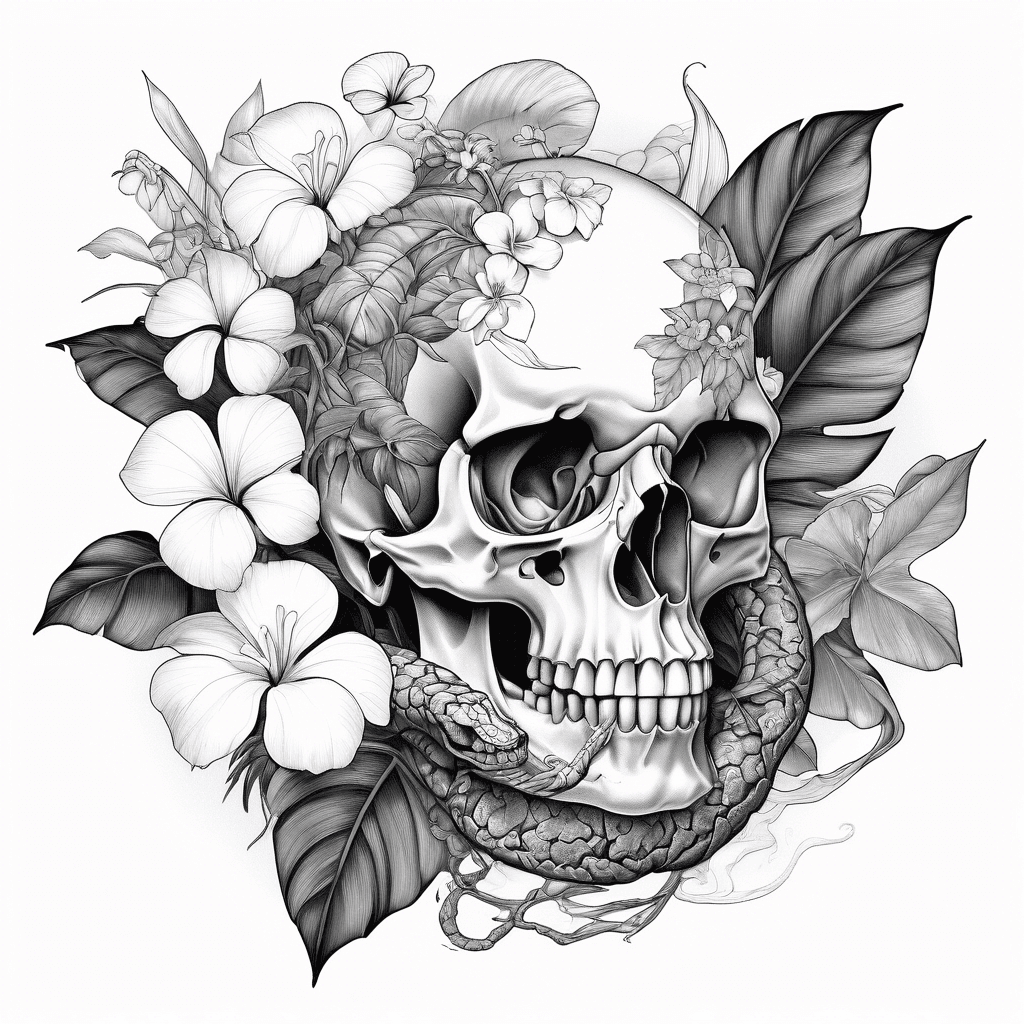 Left Sideview of a human skull and a snake covered with huge monstera leaves and white lotus flowers. Little flowers and plants growing out of the eye socket. A snake meanders upwards the skull. Mind the proportions of the leaves and the skull