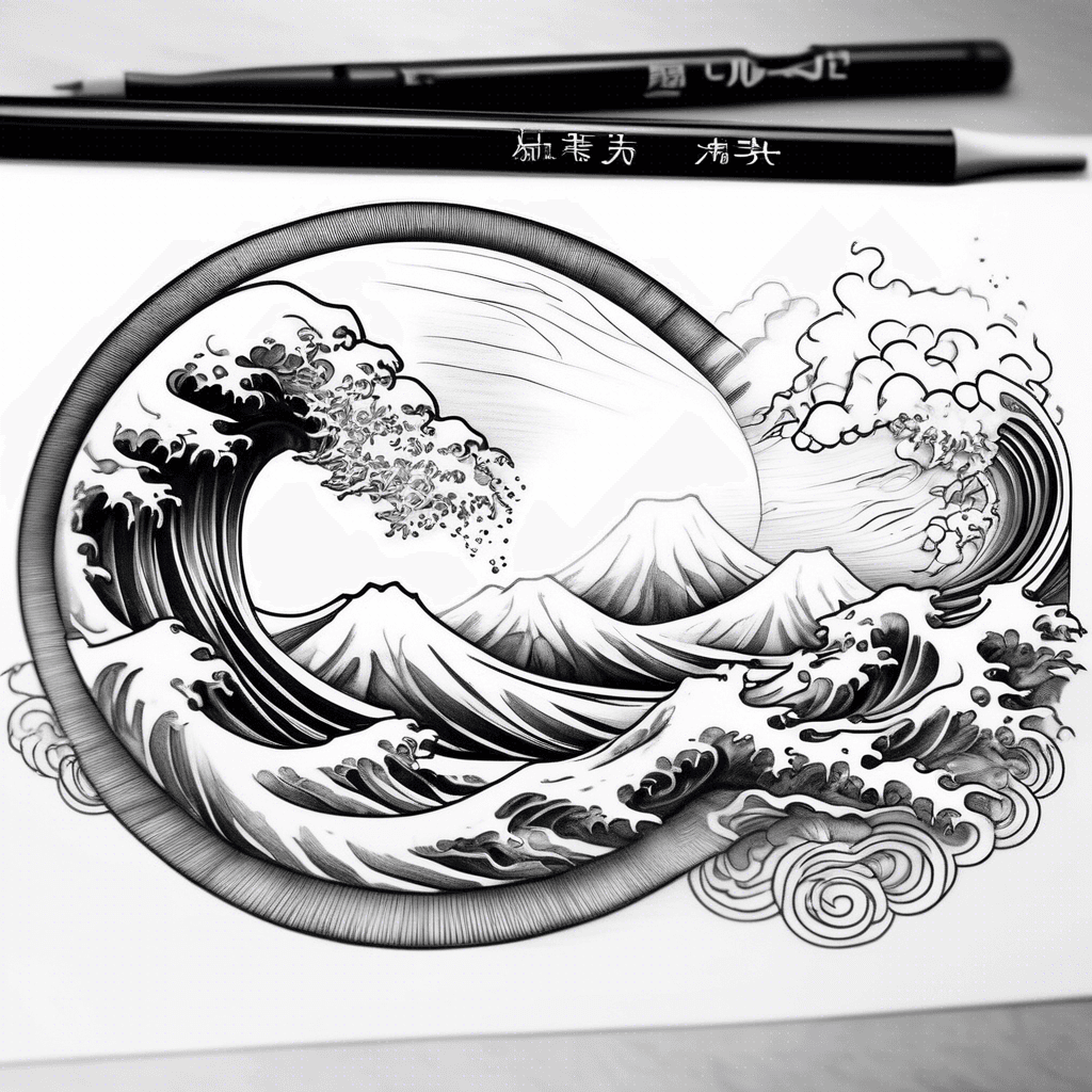 Prompt Illustrate a arm band tattoo. Dimension is 12 inch length and 2 inch width. The concept is depicting 5 natural elements in Japanese style. I want it to start from mout fuji, then the great wave, then fire that converges into air and then space in which sun and moon are in ying yang style. I want these elements in continuity, as it is a band. Keep the art style same throughout the composition. It should be black.