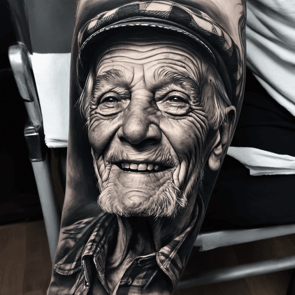 Realistic black and gray tattoo of an elderly man with a warm smile, wearing a black beret and a checkered shirt, clear facial features, ideal for a forearm tattoo