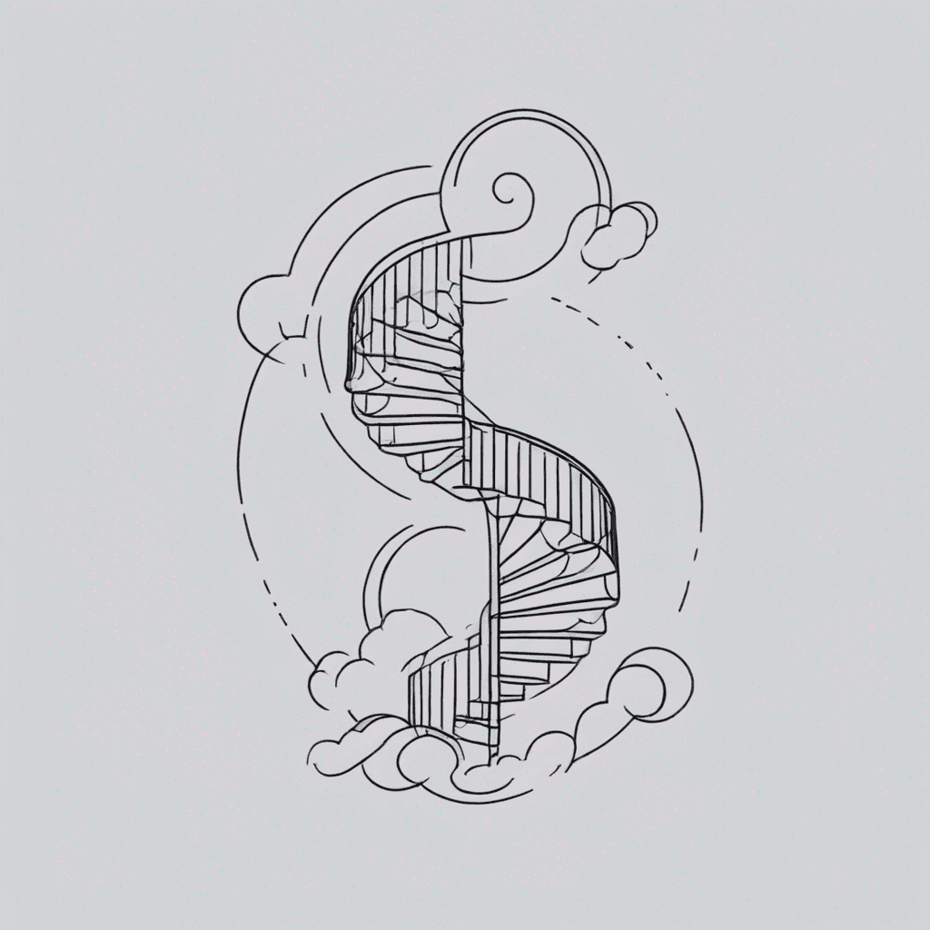 An infinite spiral staircase ascending into the clouds, with intricate, endless steps.