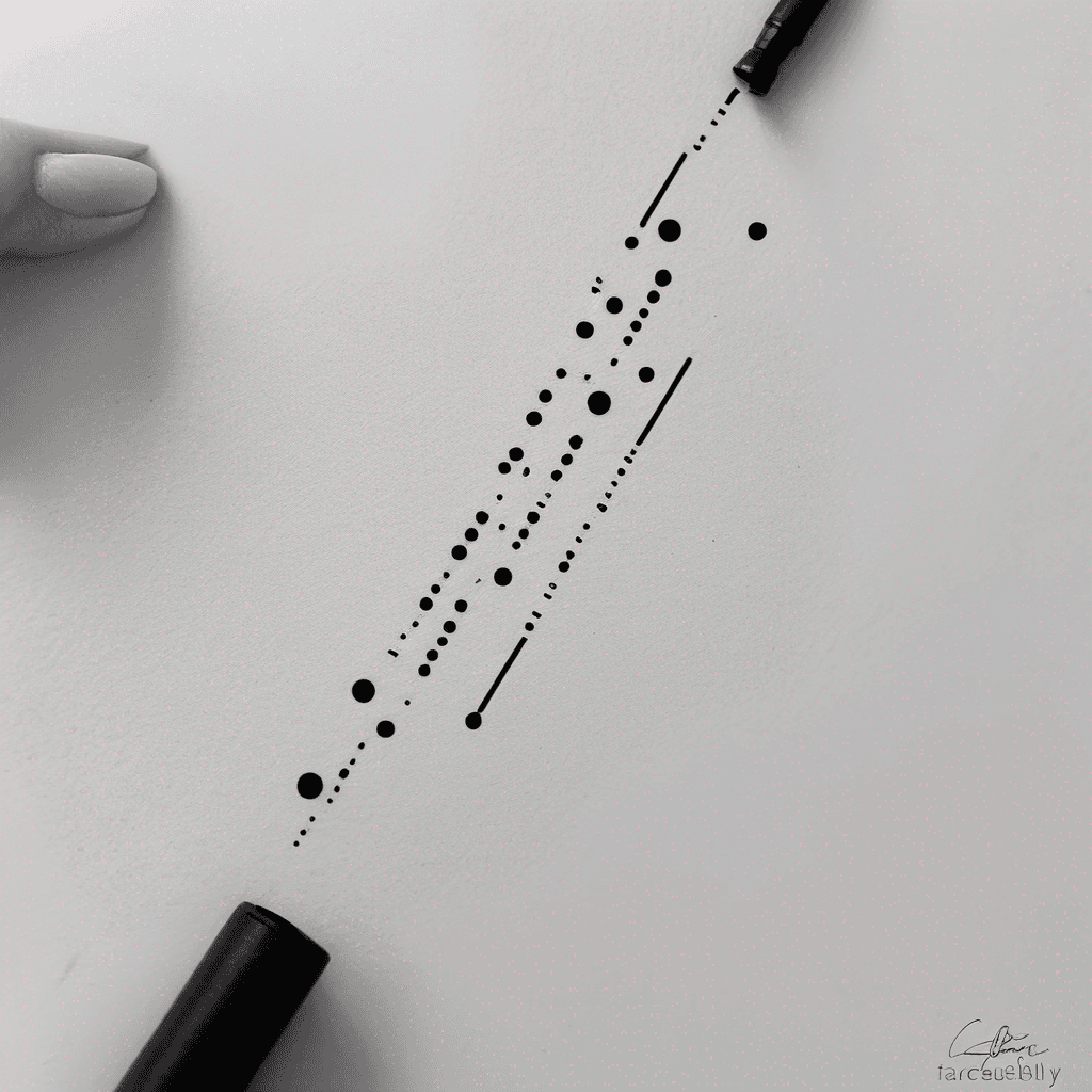 two words: GaleFlow and Bureplyn converted to classical Morse code - 100% matching. Bold lines and dots, black, dimension: 17cm by 2 cm, thin, extra minimalism, left forearm