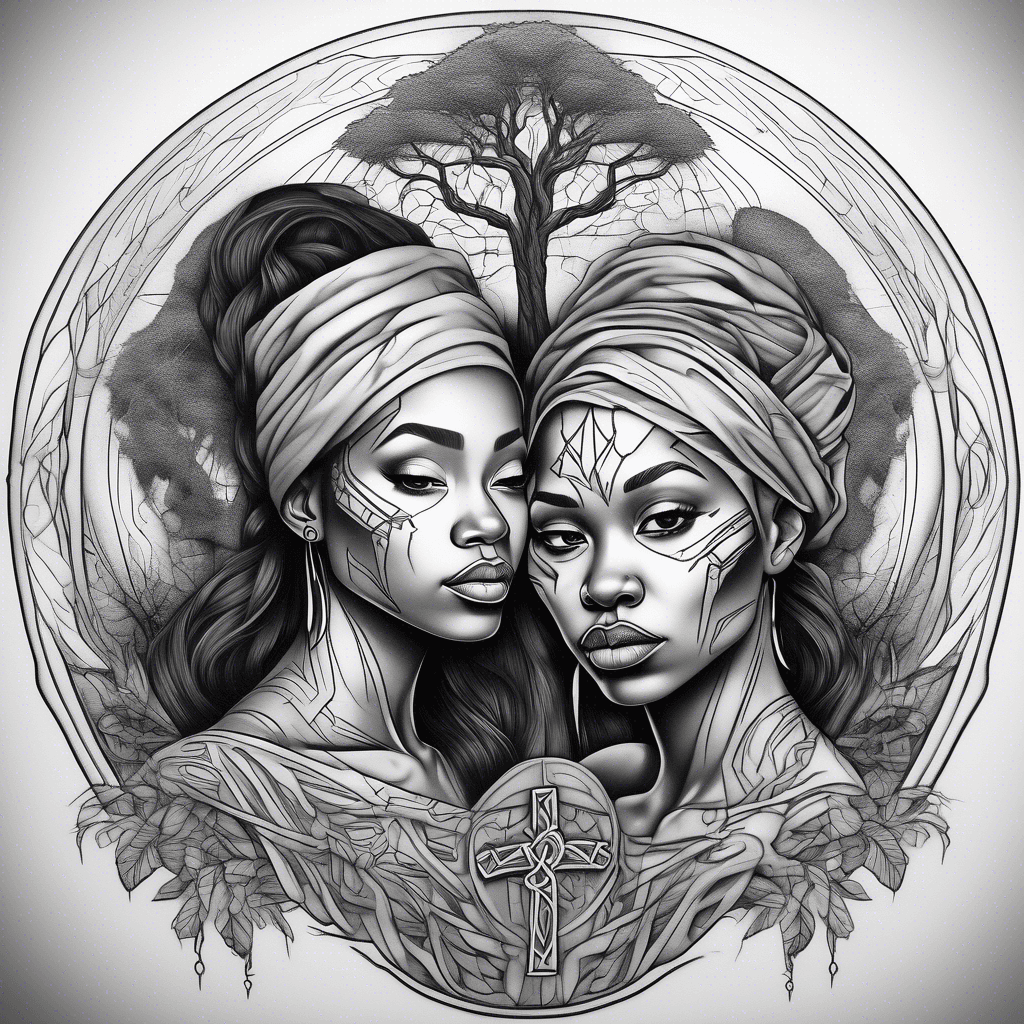 Create a tattoo link image of two sisters wrapped in a cross , African art, and family tree Using abstract detail