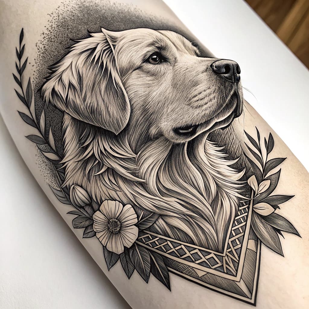 Craft a tattoo of a wise and dignified Golden Retriever dog