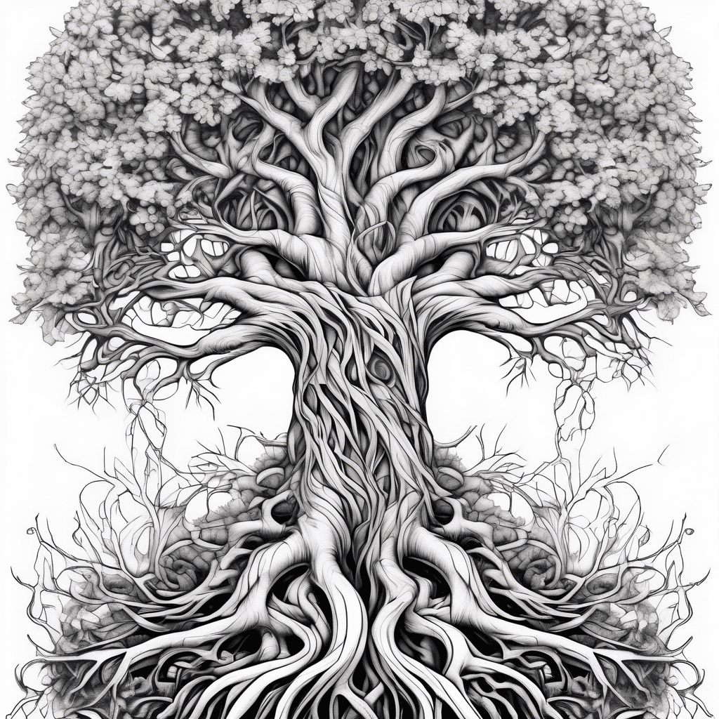 A sprawling tree with intricate roots transforming into a mandala, symbolizing growth, strength, and connection to nature