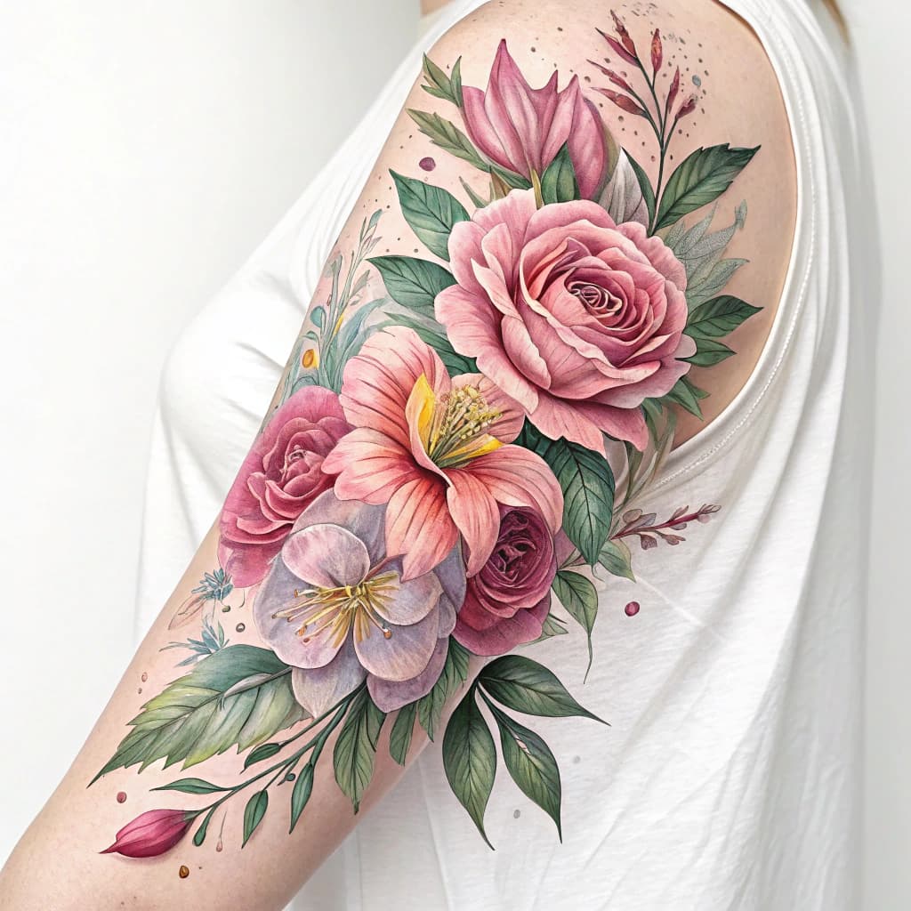Watercolor floral design cascading down the arm.