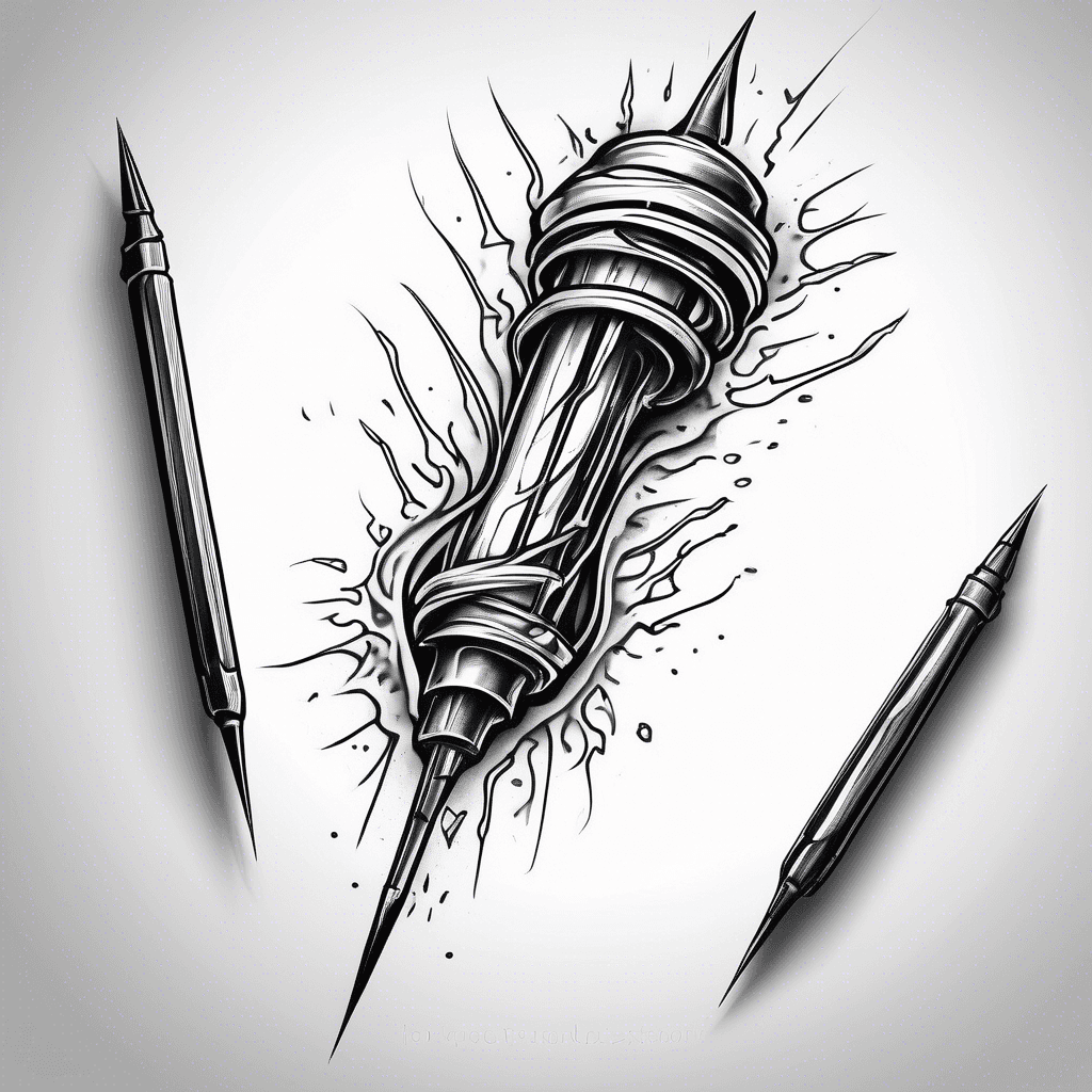 Brutal black metal tattoo of a cannula piercing needle, chaotic lines, aggressive, dark, raw aesthetic.