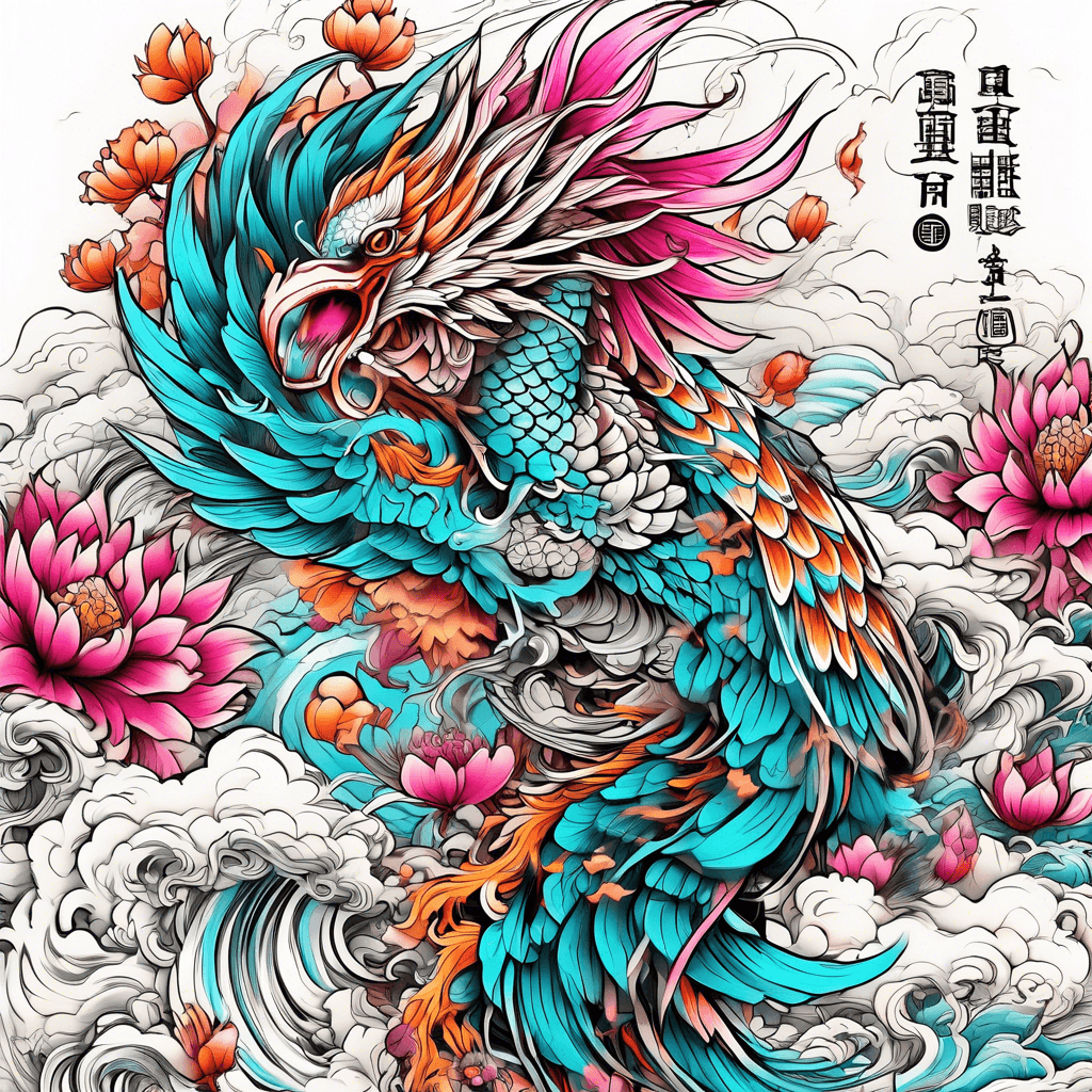 Japanese style fullsleeve tattoo with phoenix and thunderbird and lotus flowers, using colors like turquoise, magenta and amber