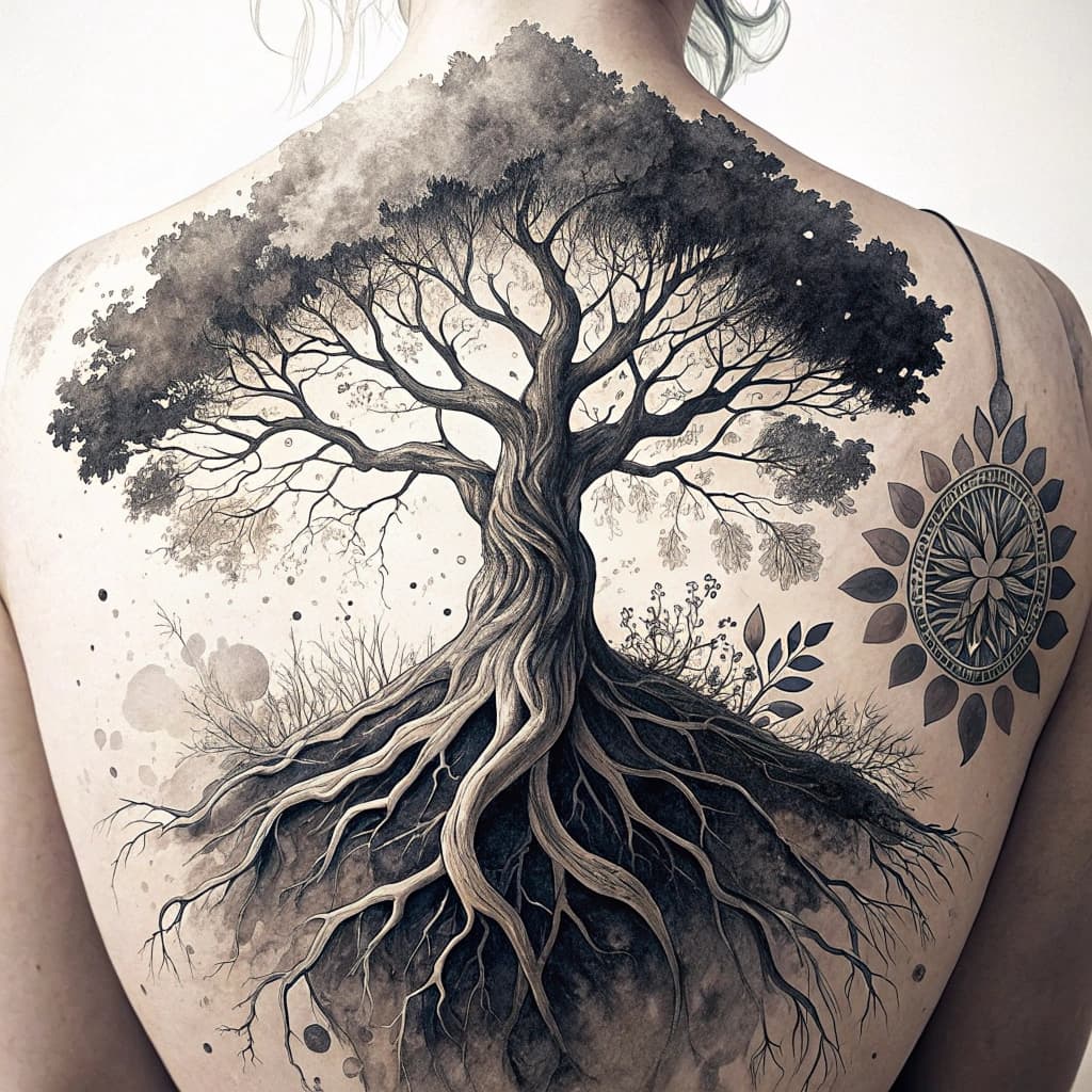 Symbolic representation of growth through a tree with roots and branches.
