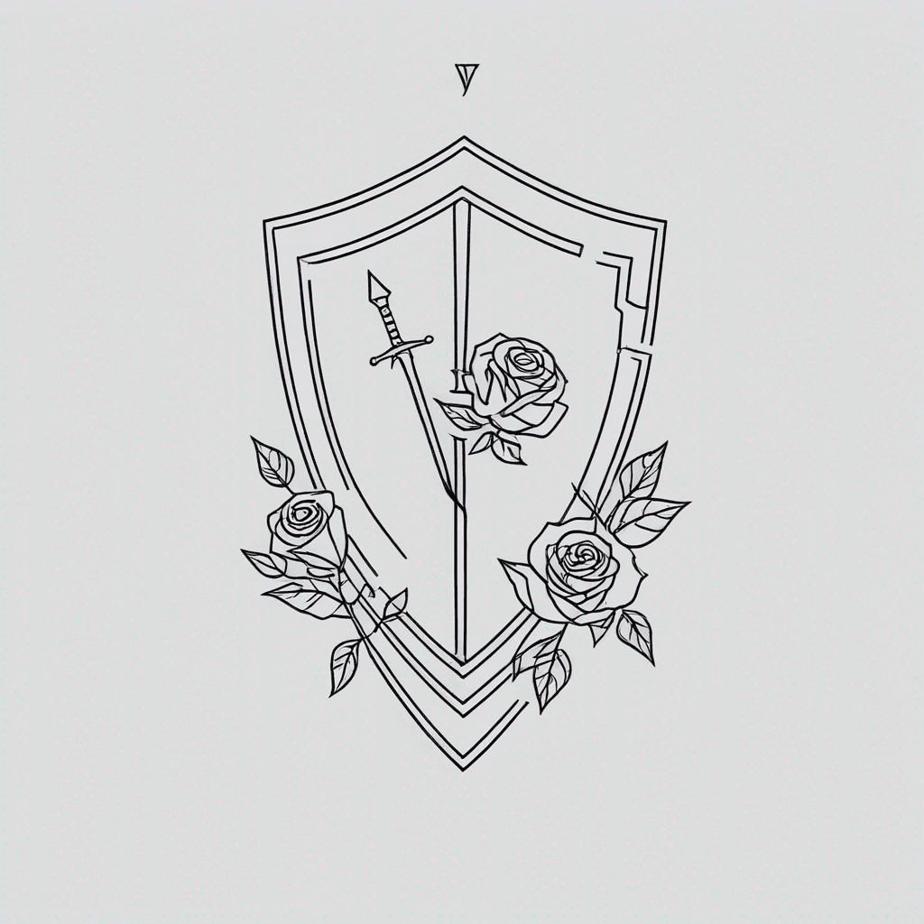 Roman gladiator shield, broken sword and rose