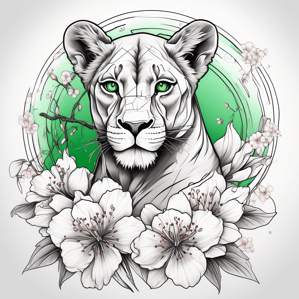 A Lioness with green eyes and cherry blossom around her and one red tulip