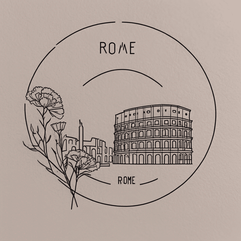 Rome, and the Colosseum, with carnations inside a postal stamp