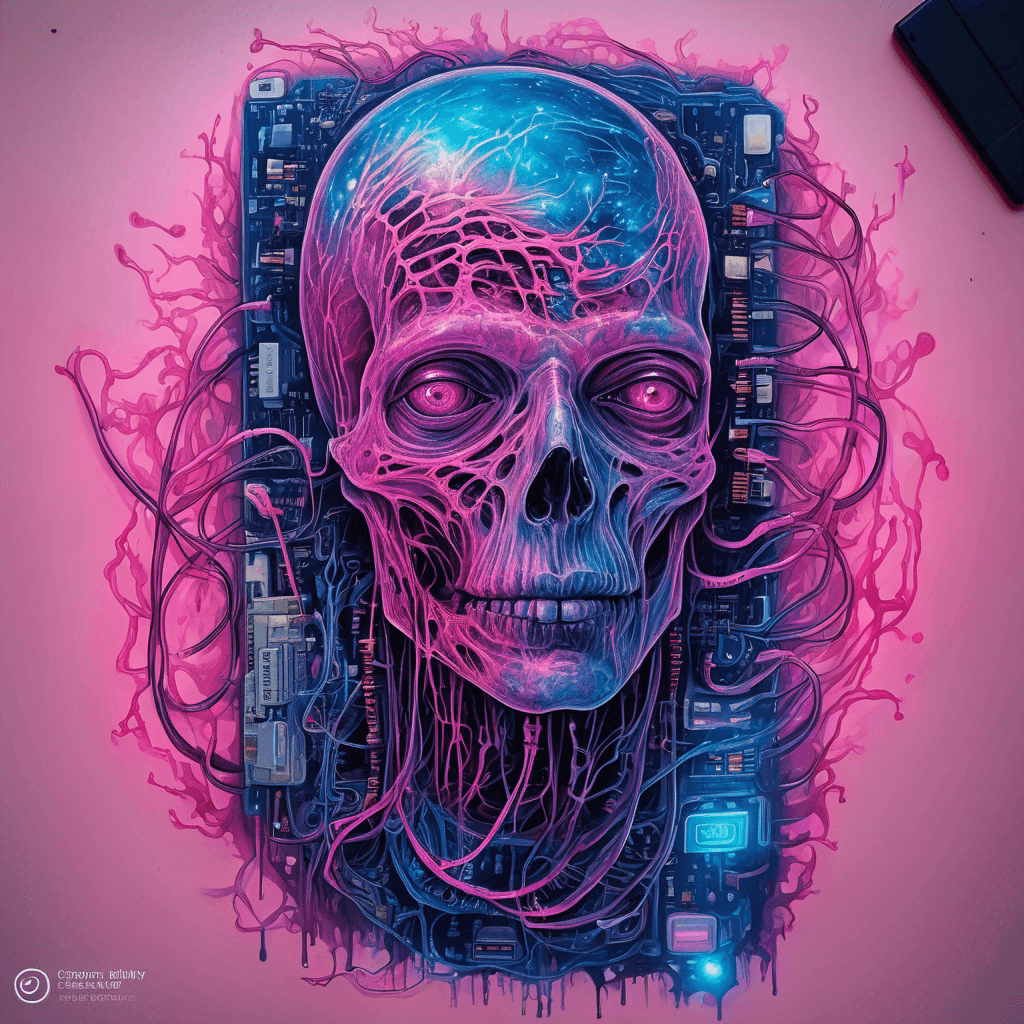 Sci-fi gore. A computer mother board. It's made from biomechanical tech. organs with rippley wet flesh. The wires and traces look like veins. There's florescent pink and blue blood leaking and oozing out
