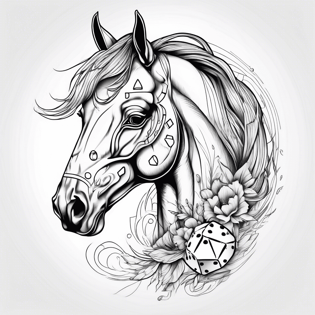 minimal female horse head up, one dice, one word flow