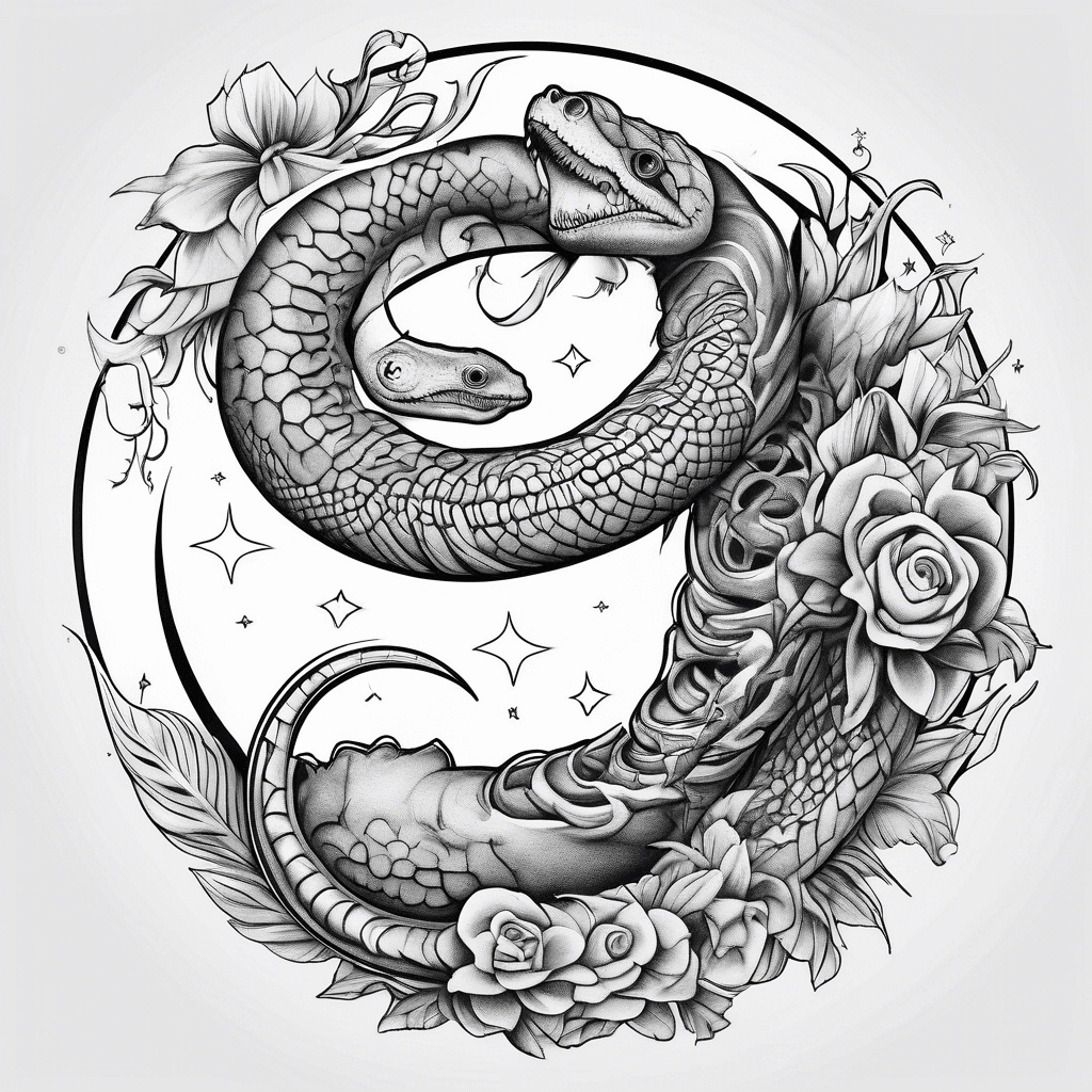 A Whimsical halfmoon with a cute detailed boa constrictor wrapped around the moon