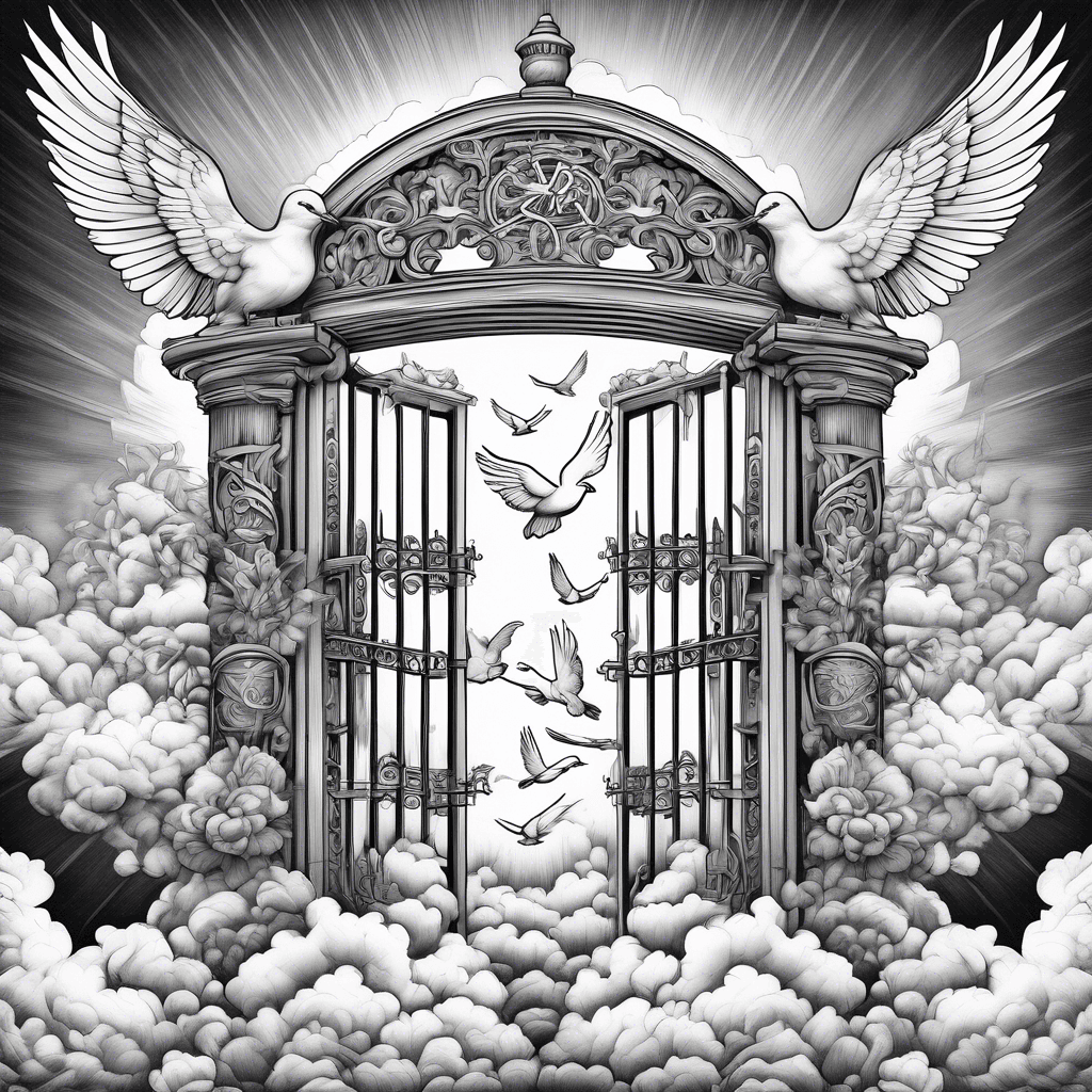 Heaven gates, cloudy background with prayer hands and doves full chest