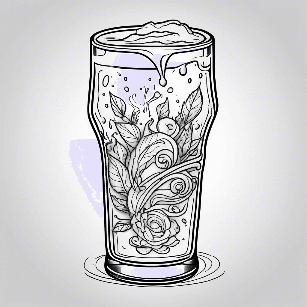 a minimilast, one line style black tattoo of the phrase "More Tea Vicar?" incorporated into a pint glass with subtle splashing out the top